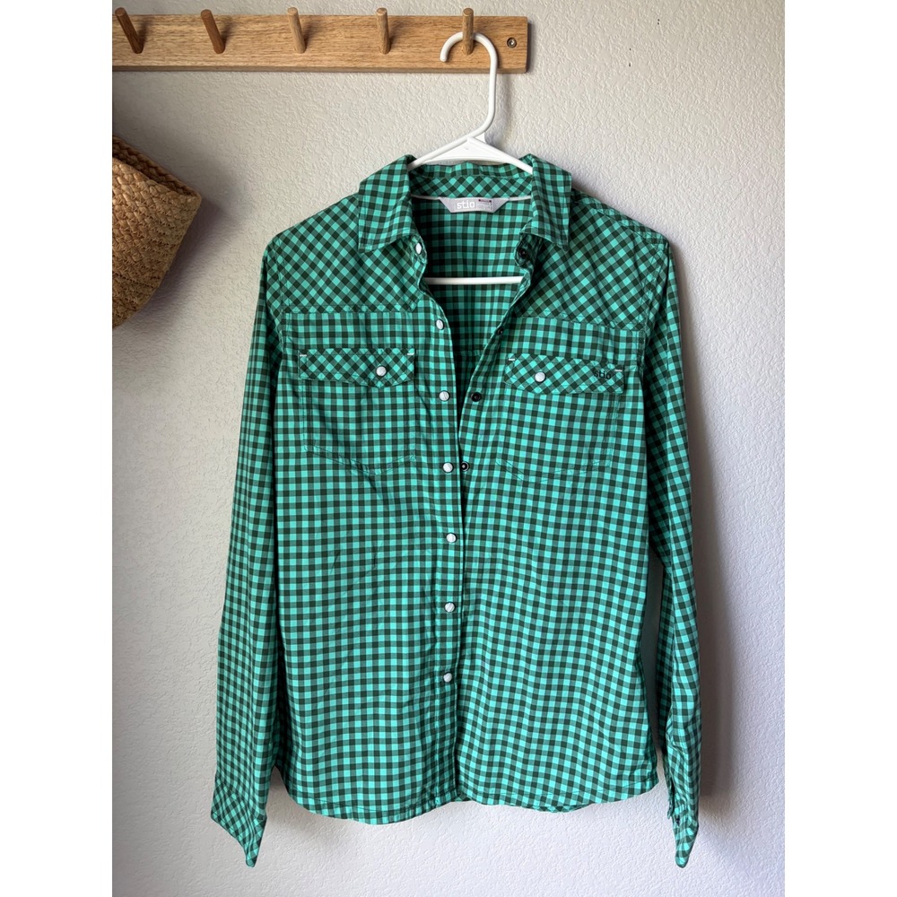 Stio Eddy Shirt Green Gingham Pearl Snap Long Sleeve Button Down